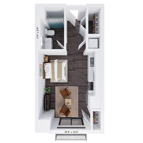 Floor plan for studio, 1 bath, 523 sqft